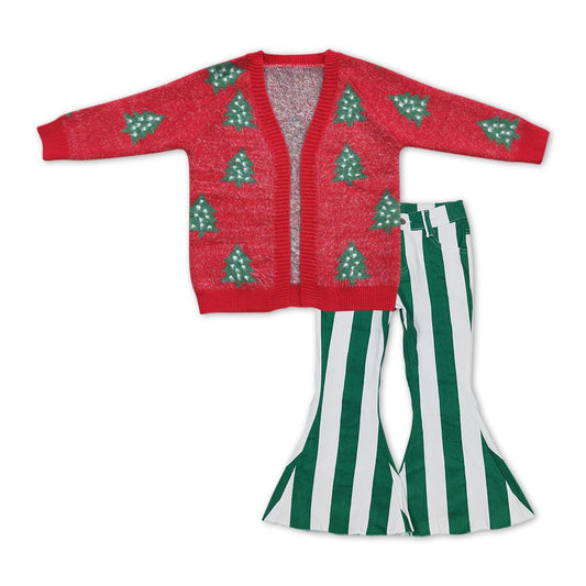 GLP1071 Baby Girl Christmas Tree Sweater Green Stripes Denim Pants Set