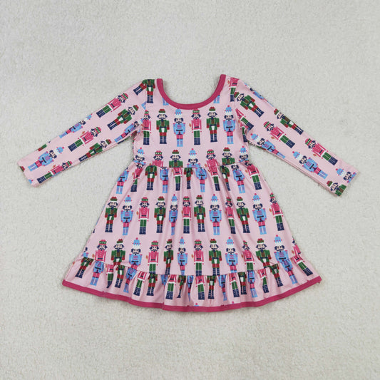 Girls Kids Long Sleeves Soldiers Christmas Pink Knee Length Dress RTS
