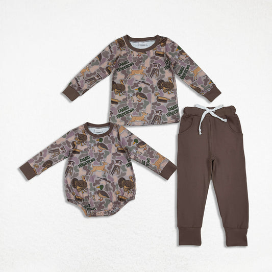 Sibling Boys Kids Long Sleeves Deer Ducks Camo Hunting Romper Set RTS