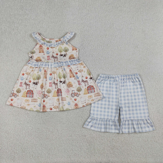 Baby Girls Kids Farm Animals Ruffle Tops Blue Plaid Shorts Clothes Set RTS