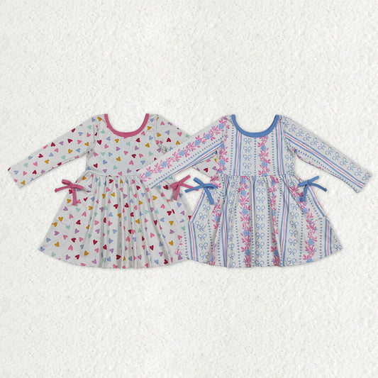Sibling Baby Girls Long Sleeves Hearts Flower Bows Pockets Valentine Knee Length Dresses RTS