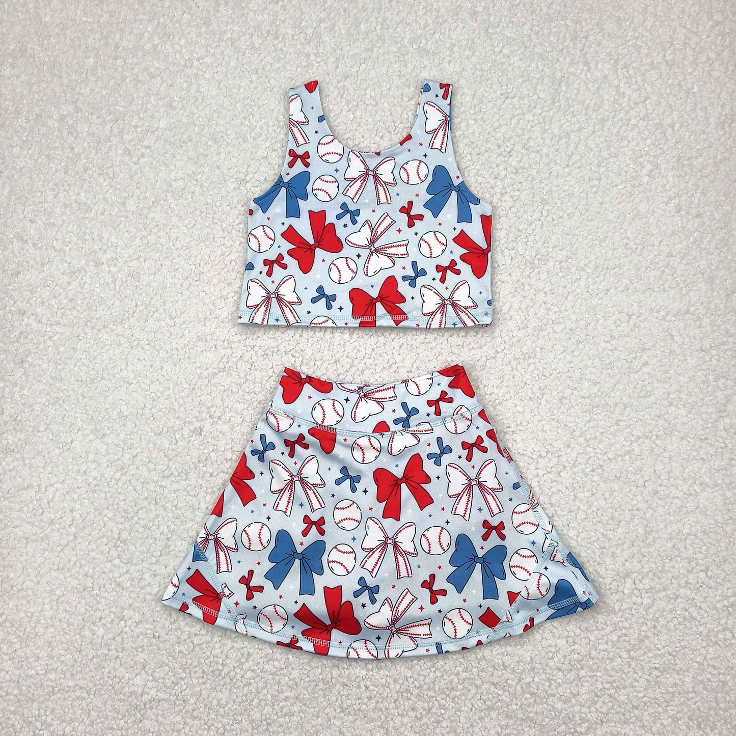 Baby Girl Sleeveless 4th Of July Baseball Bows Sibling Yoga Active Skort Dress Set RTS