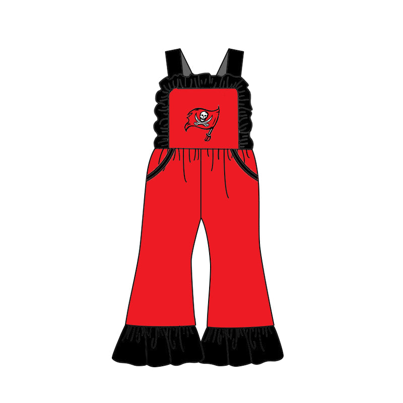 Baby Girl Straps Flag Team Pockets Ruffle Pants Red Jumpsuit ( Moq 5 )