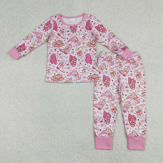 Baby Girls Long Sleeves Hats Boots Hearts Shirt Pants Valentine Pink Pajamas Clothes Set RTS