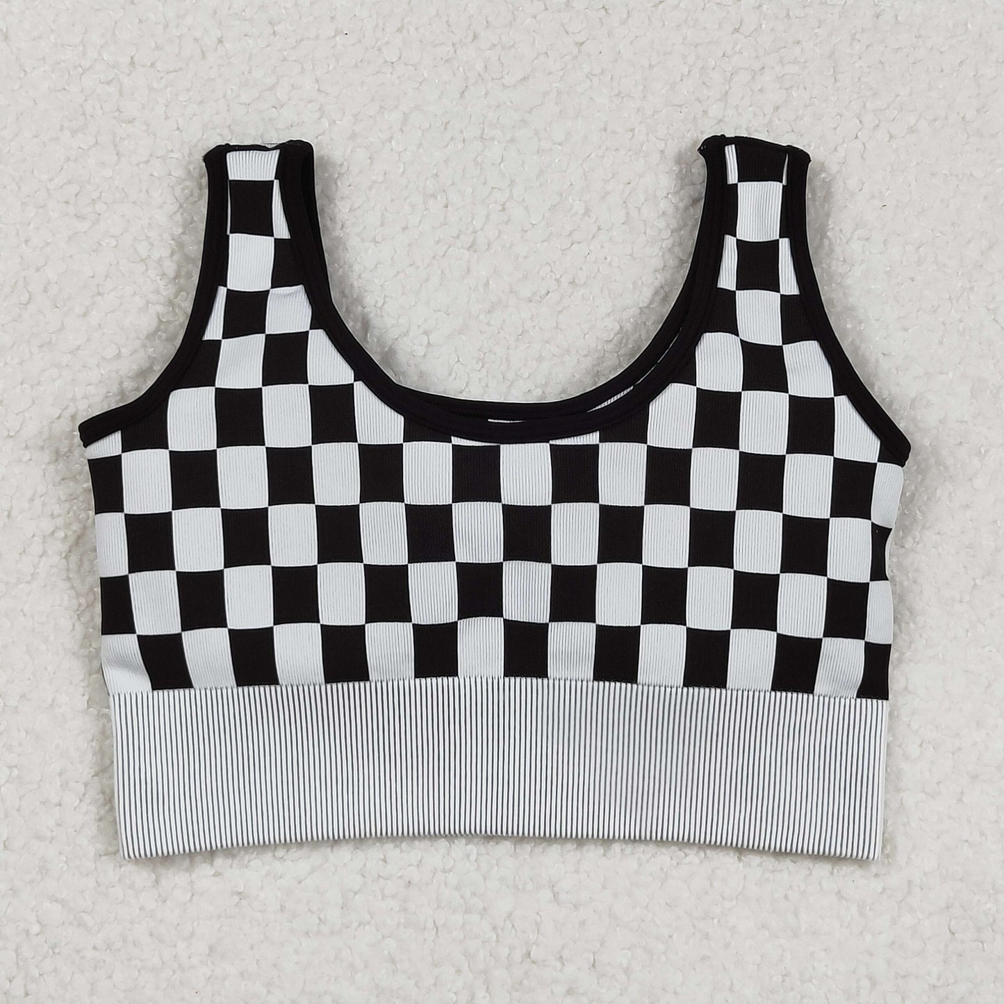 Adult Woman Sleeveless Black Checkered Knitted Yoga Tank Tops RTS