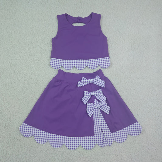 Baby Girls Kids Scallop Shirt Purple Plaid Bows Skirt Shorts Set Yoga Active Clothes RTS