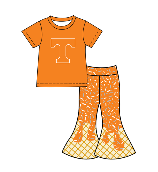 ( Moq 5 ) Baby Girls Orange Short Sleeves T Shirt Drip Sprinkles Bell Pants Team Clothes Set