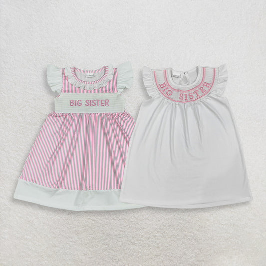 Sibling Baby Girls Short Sleeves Embroidery Smocked Big Sister Knee Length Dresses RTS