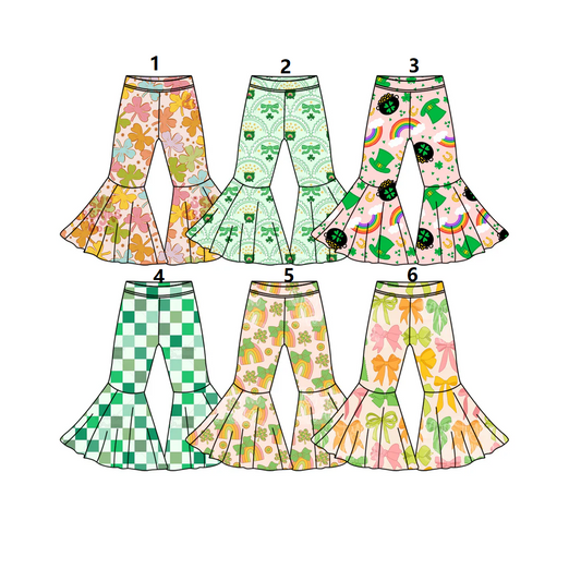 ( Moq 5 Each Style ) Sibling Baby Girls Kids Clovers Bows St Patrick Bell Pants Bottoms