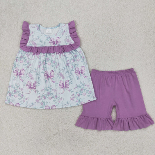 Baby Girl Flutter Sleeves Flower Tunic Purple Ruffle Shorts Clothes Set RTS