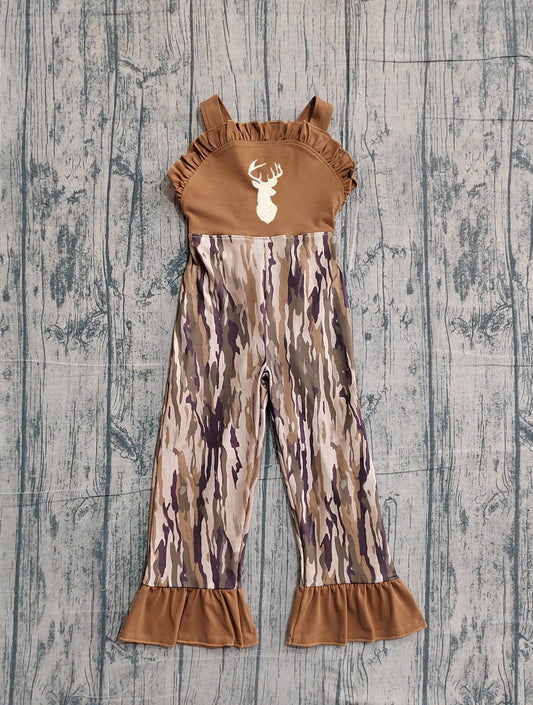( No moq ) Preorder Baby Girls Kids Brown Sleeveless Embroidery Deer Camo Pants Jumpsuit