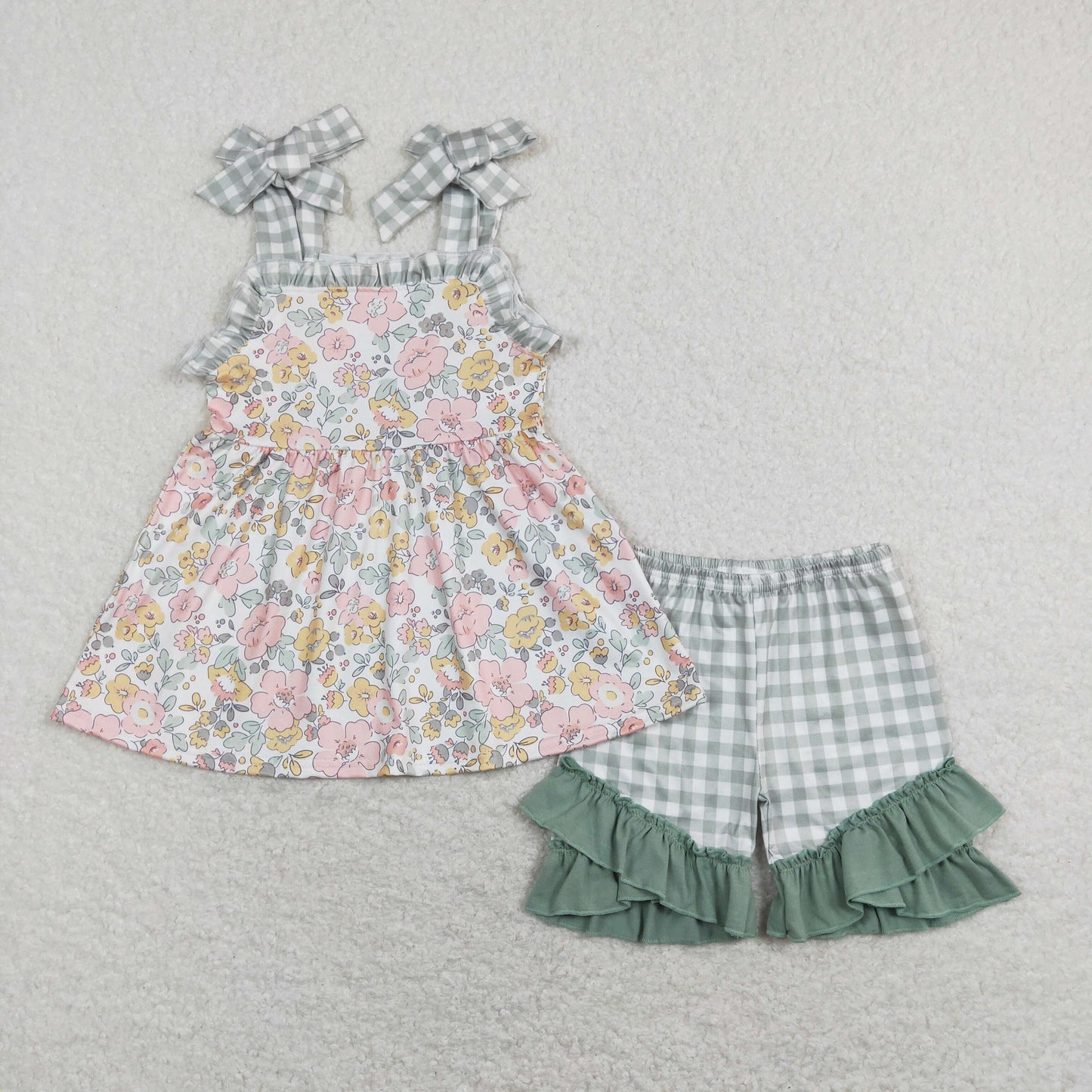 GSSO0565 Baby Girl Sleeveless Floral Tunic Plaid Ruffle Shorts Set