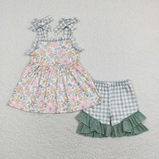 GSSO0565 Baby Girl Sleeveless Floral Tunic Plaid Ruffle Shorts Set