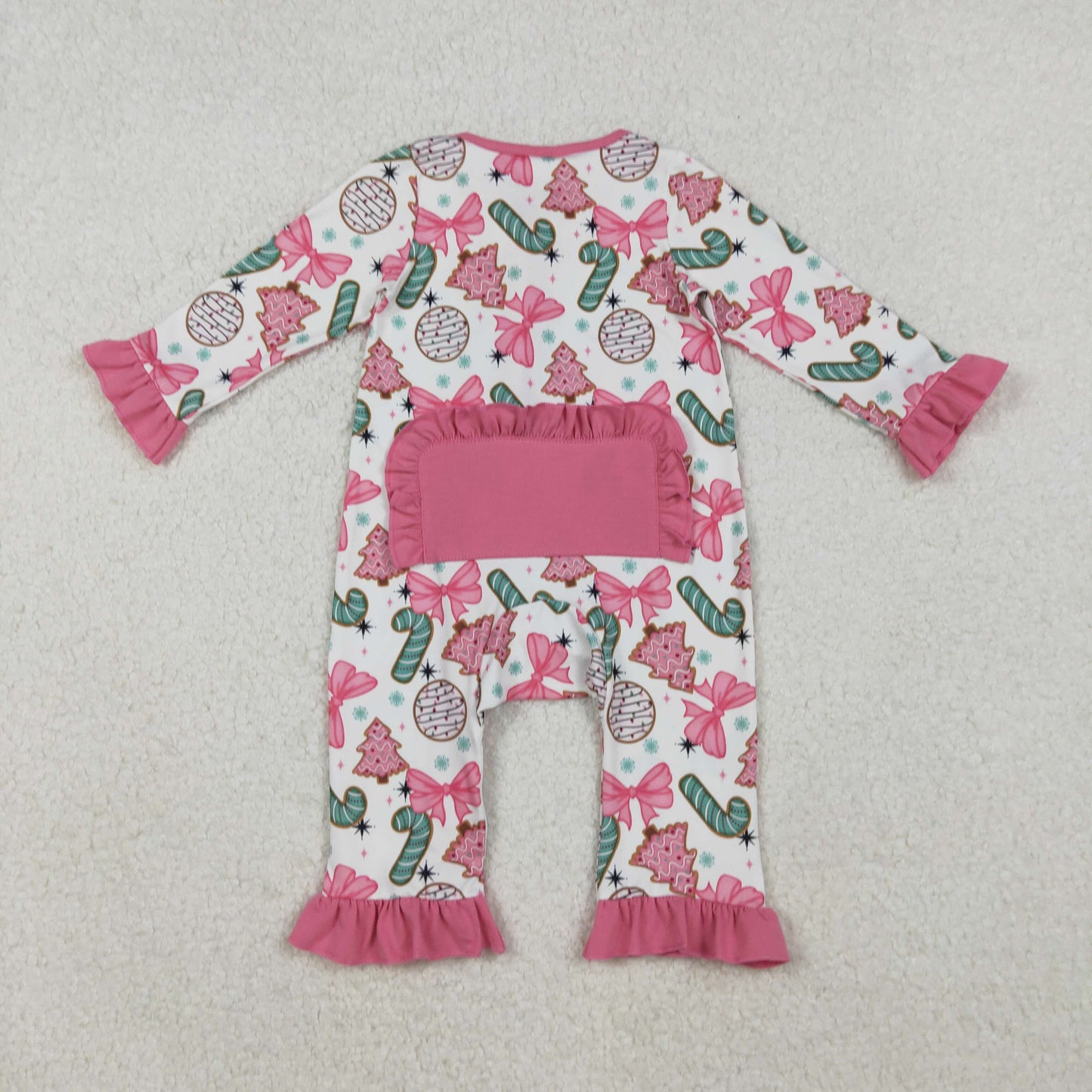 Baby Girl Long Sleeves Candy Cane Pink Bows Tree Christmas Zipper Romper RTS