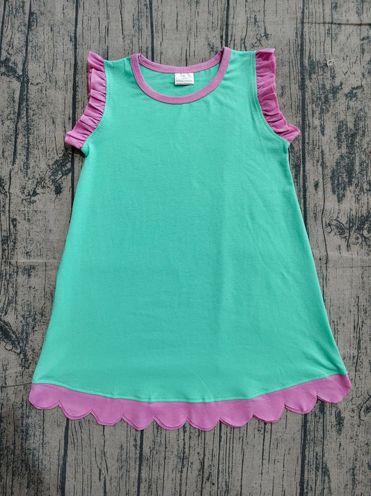 ( No moq ) Preorder Baby Girls Kids Sleeveless Scallop Knee Length Green Dress Clothes