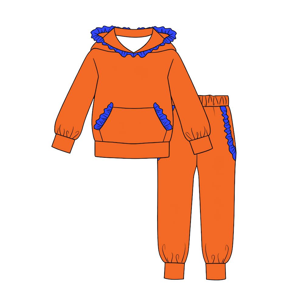 ( Moq 5 ) Preorder Baby Girls Kids Blue Ruffle Hoodie Pullover Pockets Pants Orange Set Cotton Clothes