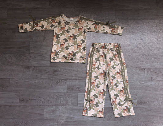 ( Moq 5 ) Preorder Baby Girls Kids Deer Camo Green Bows Shirt Pockets Pants Set Clothes