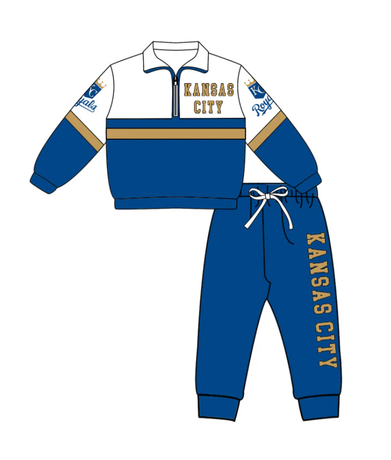 ( Moq 5 ) Baby Boys Toddler Long Sleeves Zipper Blue Pullover Shirt Jogger Pants Team Outfit