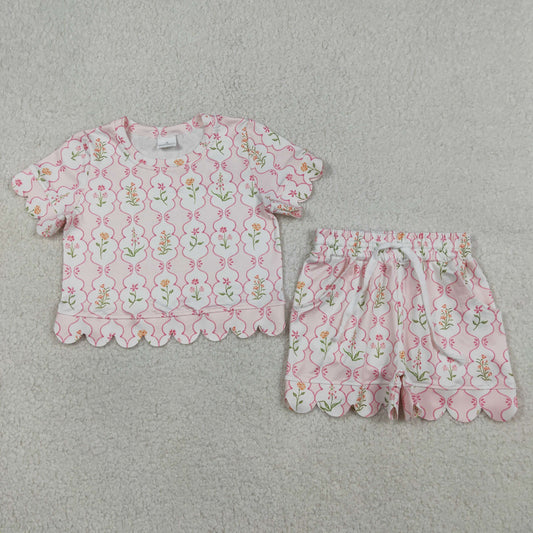 Baby Girls Kids Short Sleeves Flower Pink Shirt Scallop Shorts Summer Set RTS