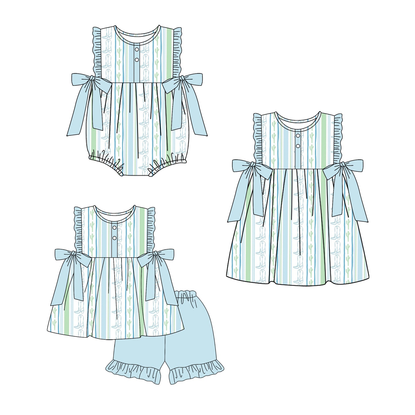 ( Moq 5 Each Style ) Sibling Baby Girls Kids Western Bows Romper Dress Set Clothes