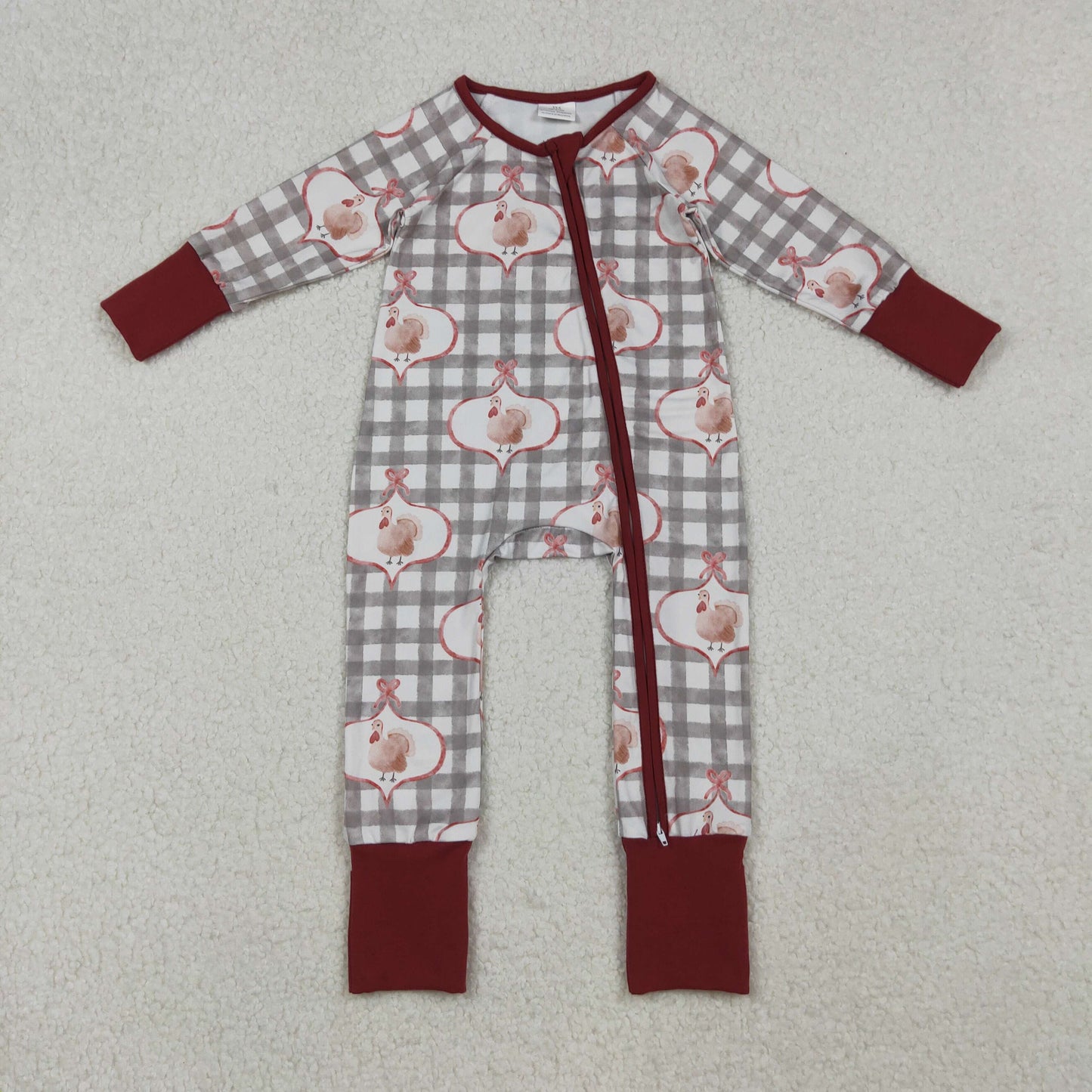 Sibling Girls Kids Long Sleeves turkey Bows Plaid Thanksgiving Zipper Romper Pajamas Clothes Set RTS
