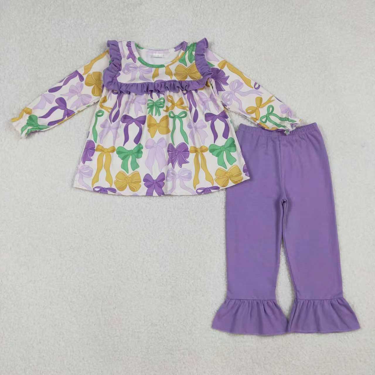 Sibling Girls Kids Colorful Bows Purple Ruffle Mardi Gras Jumpsuit Dress Set RTS