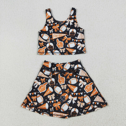 Baby Girl Shot Sleeves Orange Football Bows Cheer Tops Skort Team Yoga Active Set RTS