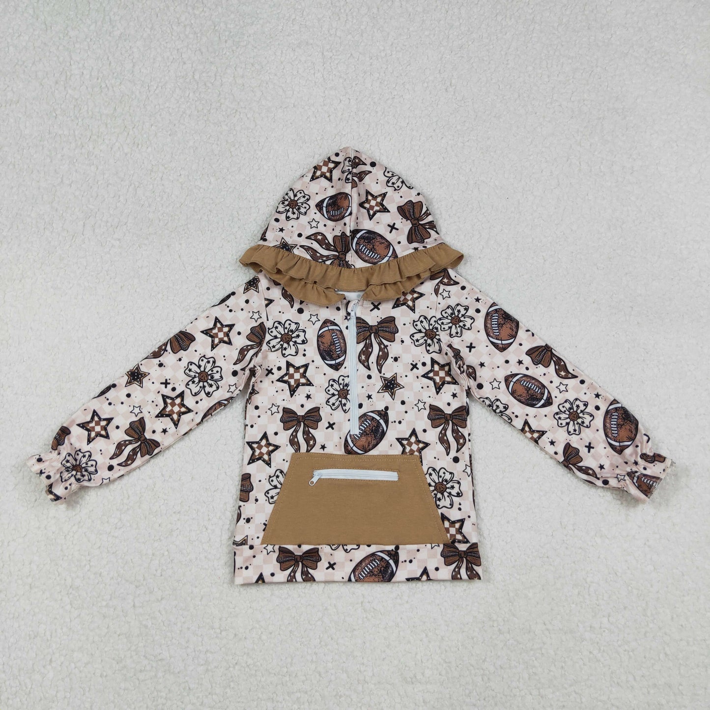 Baby Girl Long Sleeves Flower Bows Football Pocket Zipper Hoodie Shirt Tops RTS