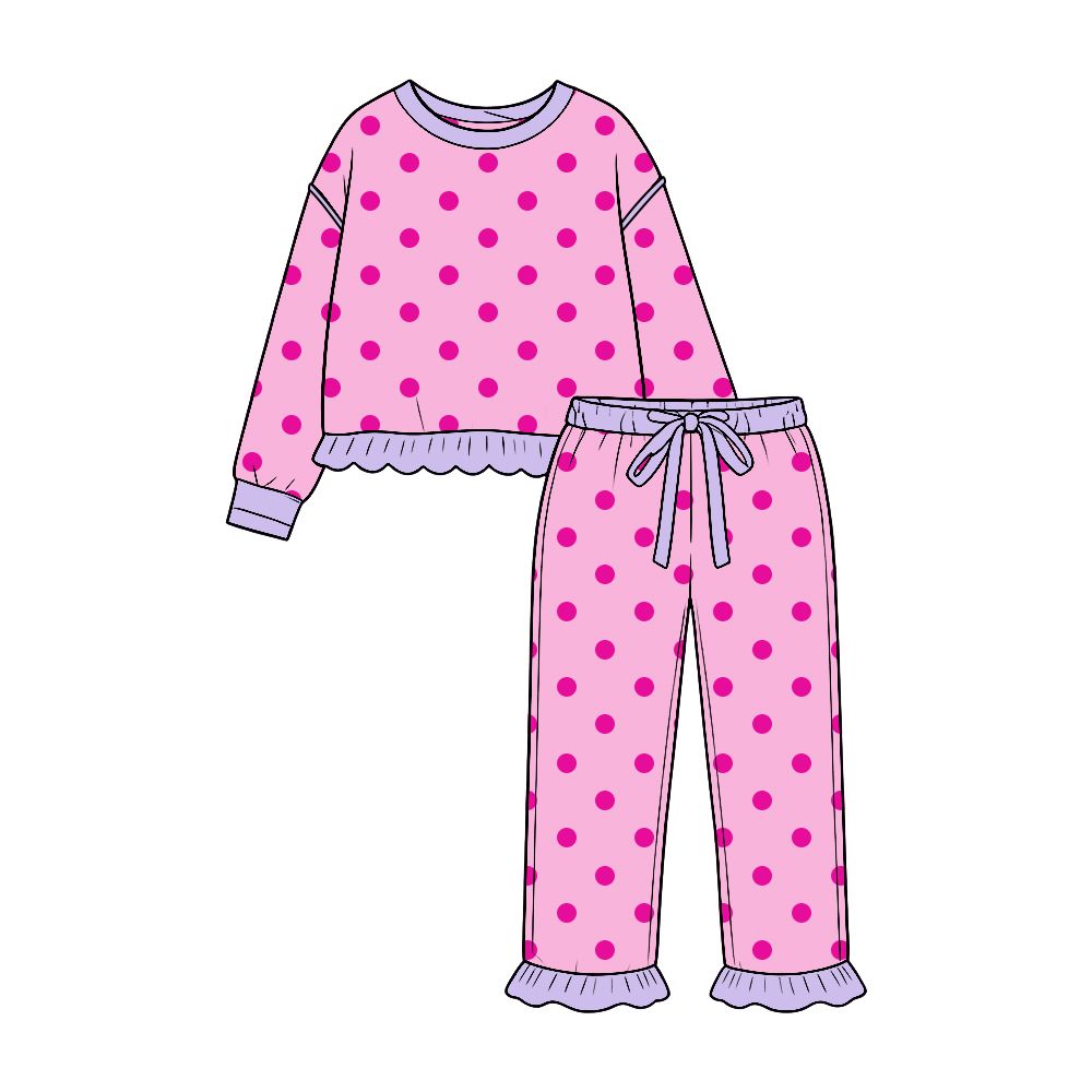 ( Moq 5 ) Preorder Baby Girls Kids Long Sleeves Dots Shirt Ruffle Pants Set Pink Clothes