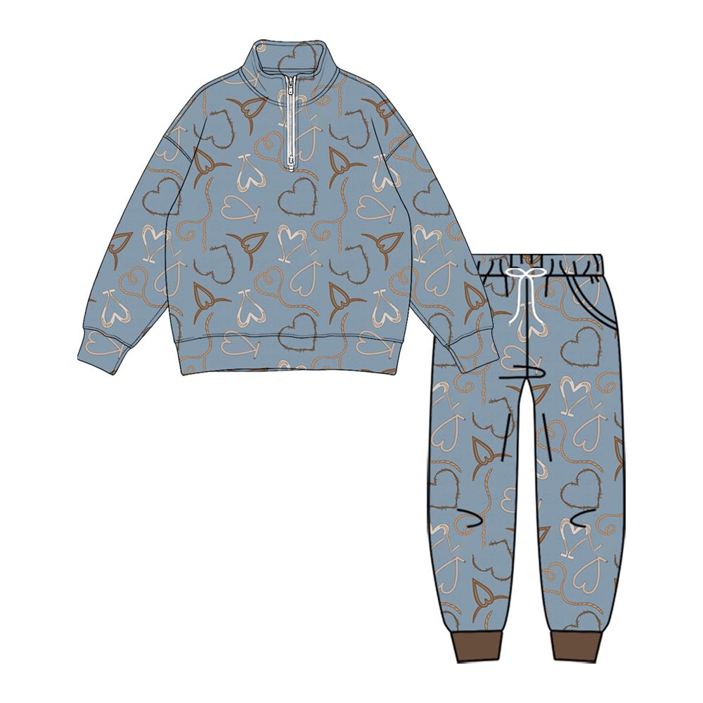 ( Moq 5 ) Preorder Baby Boys Kids Long Sleeves Hearts Zipper Shirt Pockets Pants Set Valentine Clothes