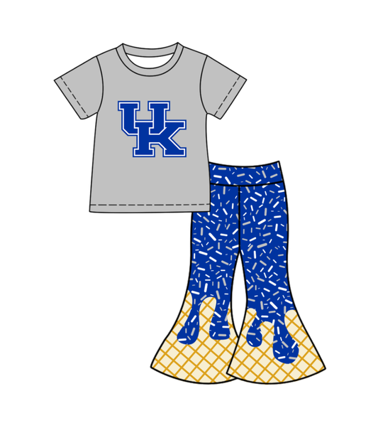 ( Moq 5 ) Baby Girls Grey Short Sleeves UK Shirt Drip Sprinkles Bell Pants Team Clothes Set