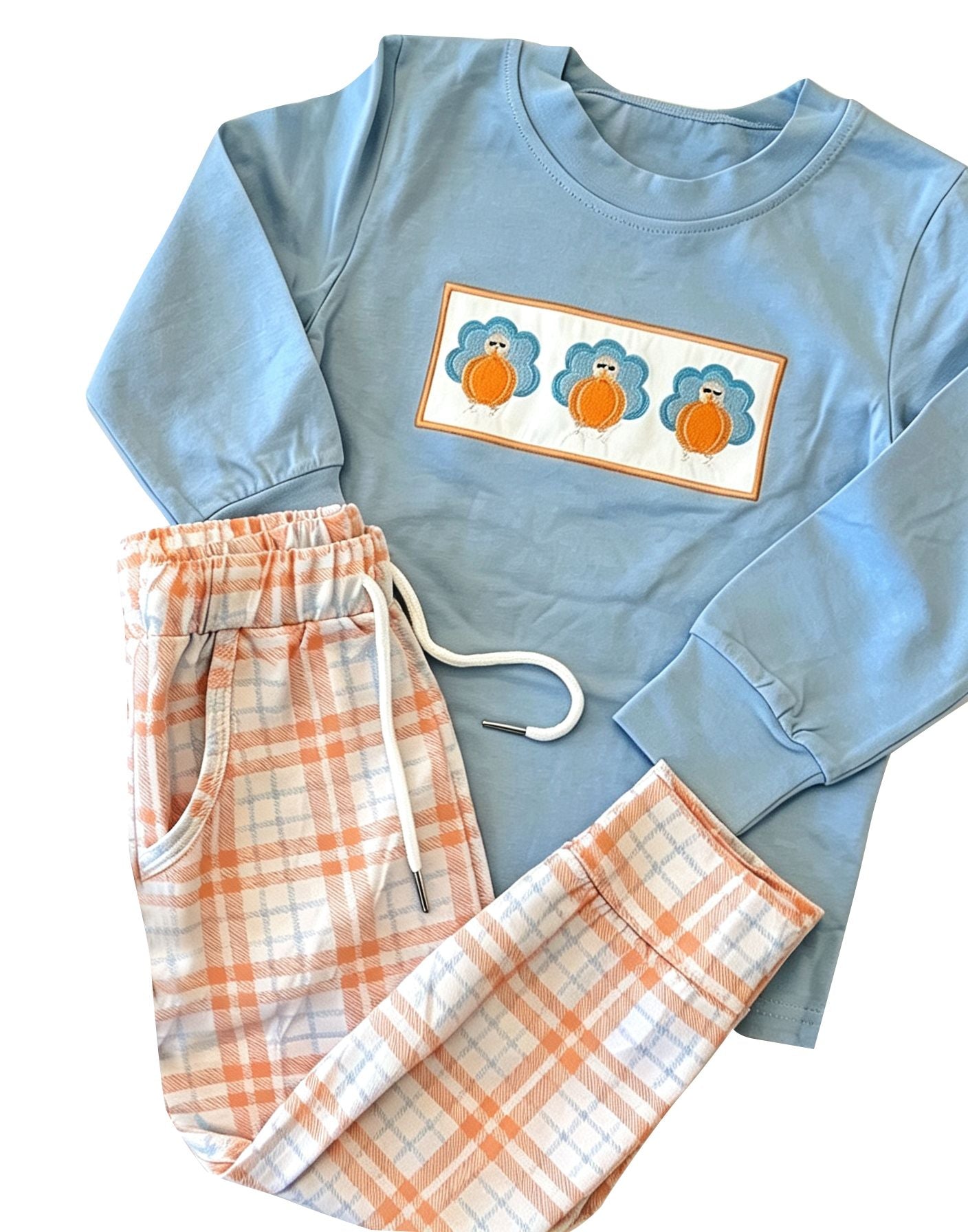 ( Moq 5 ) Preorder Baby Boy Kids Long Sleeves Pumpkins turkey Shirt Pockets Plaid Pants Set Fall Clothes