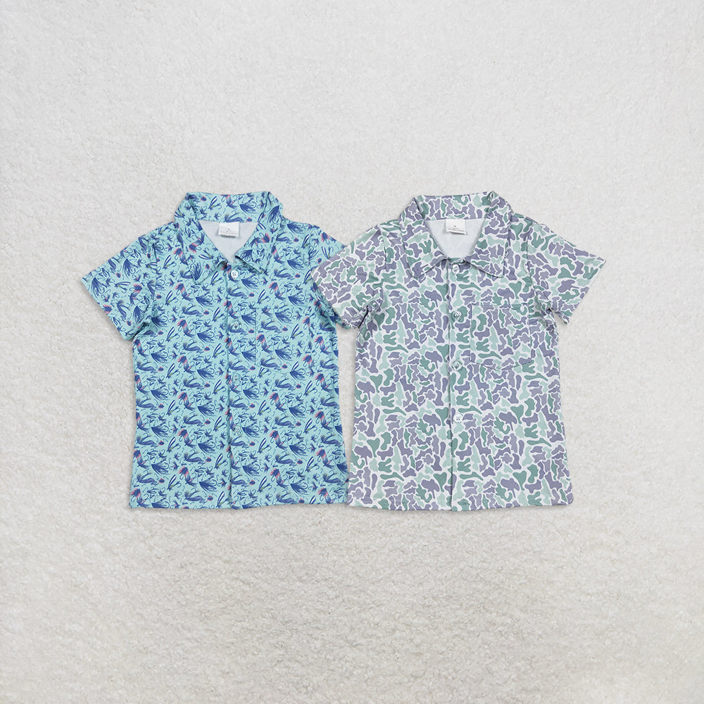 Boys Kids Short Sleeves Camo Fishing Sibling Buttons Shirt Tops RTS
