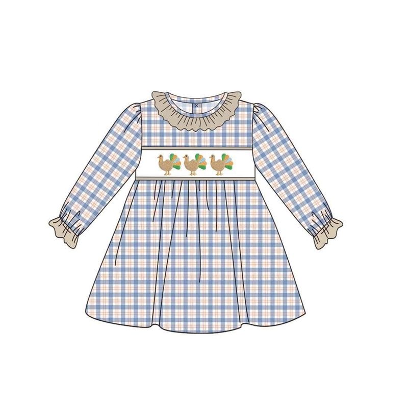 ( Moq 5 ) Preorder Baby Girls Kids Long Sleeves turkey Thanksgiving Plaid Knee Length Dress Clothes