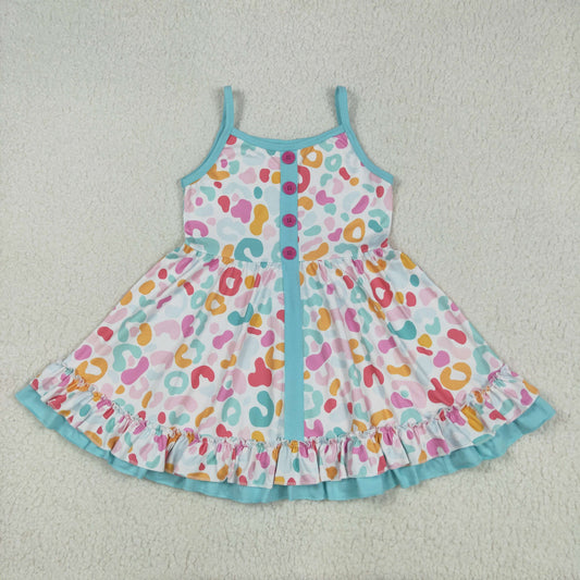 Baby Girl Straps Colorful Leopard Buttons Knee Length Dress RTS