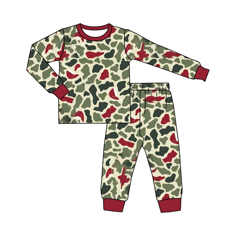 ( Moq 5 ) Preorder Baby Boys Kids Long Sleeves Green Red Camo Shirt Pants Set Pajamas Clothes