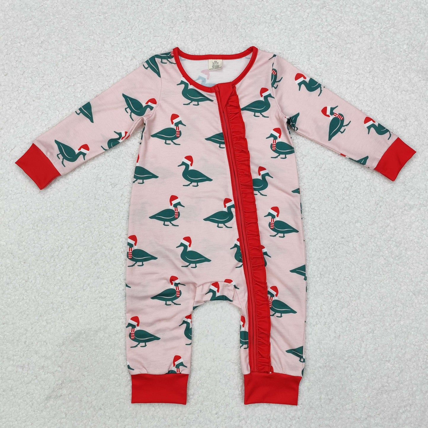 Baby Boy Infant Long Sleeves Christmas Ducks Zipper Green Romper