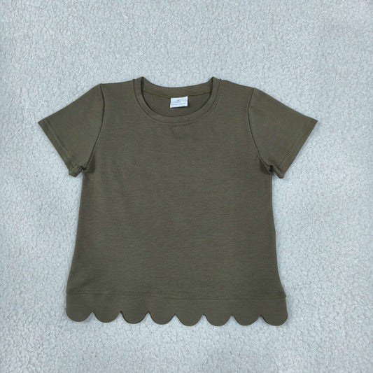Baby Girls Kids Short Sleeves Scalloped Shirt Tops Cotton Olive Clothes RTS