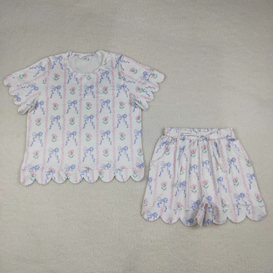 Adult Women Short Sleeves Flower Bows Scallop Shirt Shorts Clothes Set RTS