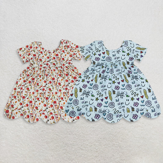 Sibling Baby Girls Kids Short Sleeves Back to School Scallop Dresses Clothes RTS