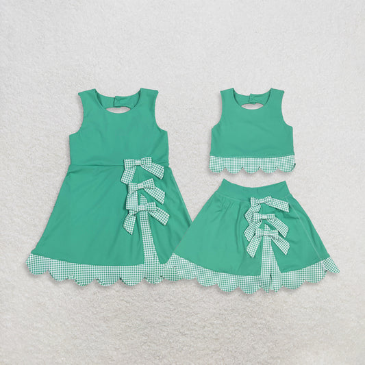 Sibling Baby Girls Kids Green Plaid Bows Skort Yoga Active Dress Set Scallop Clothes RTS