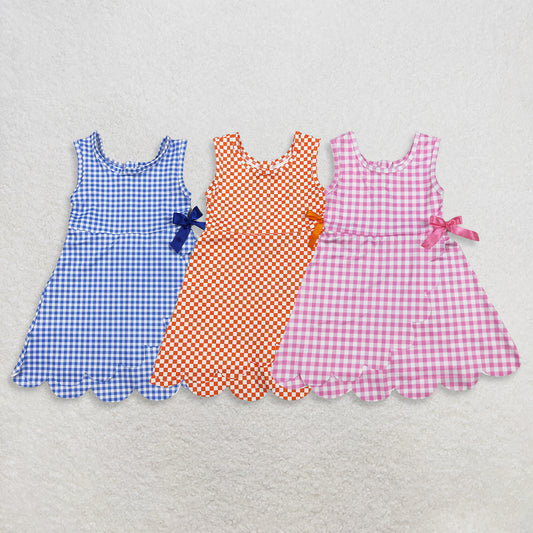 Sibling Baby Girls Plaid Bows Ruffle Yoga Active Shorts Knee Length Scallop Dresses RTS