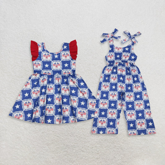 Sibling Baby Girls Kids 4th of July Flags Bows Stars Dress Jumpsuit Clothes RTS