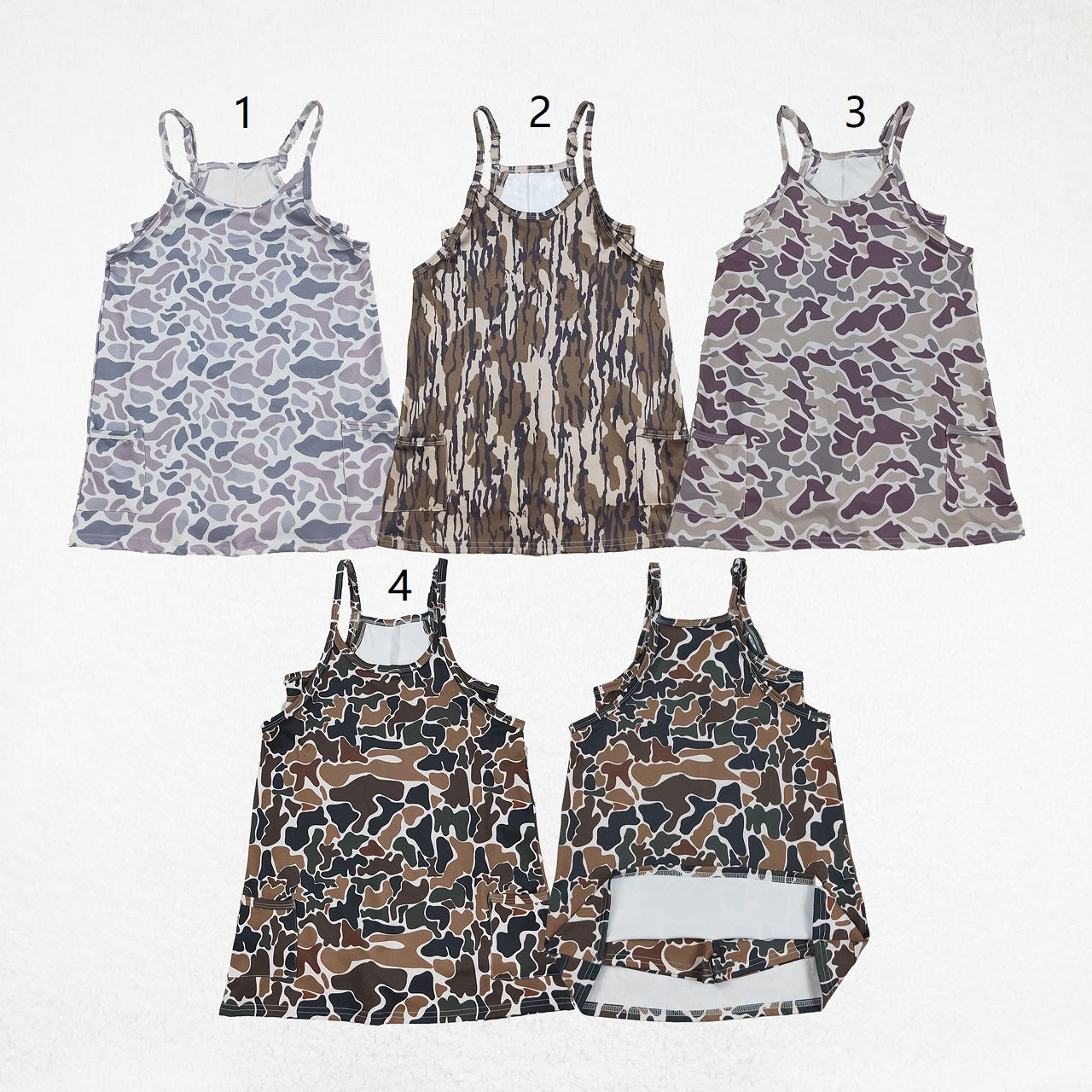 Girls Kids Straps Camo Pockets Yoga Active Grey Sibling Sister Knee Length Dress RTS