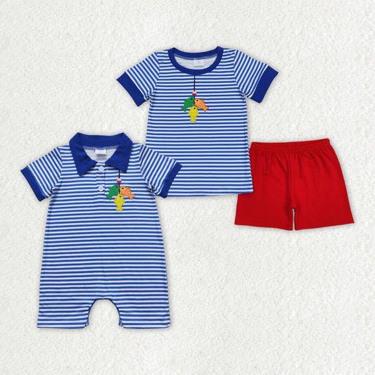 Baby Boy Short Sleeves Embroidery Fishing Blue Stripes Sibling Brother Clothes Sets
