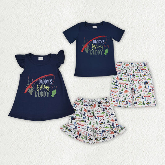 Baby Boy Girl Short Sleeves Embroidery Fishing Sibling Summer Set Clothes RTS