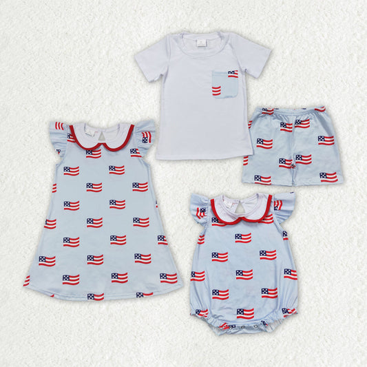 Baby Boy Girl 4th Of July Flags Sibling Romper Dress Clothes Set