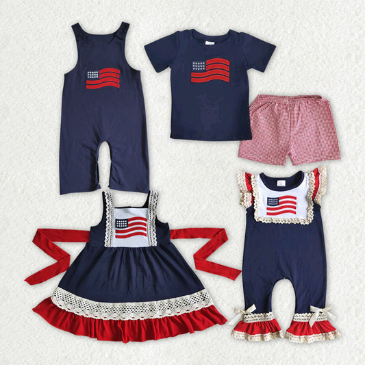 Baby Boy Girl Embroidery July 4th Flags Sibling Romper Dress Clothes Set RTS