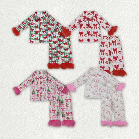 Baby Girl Fur Long Sleeves Bows Santa Christmas Sibling Pajamas Set Clothes RTS