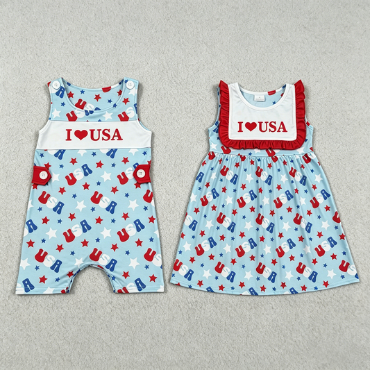 Sibling Baby Boy Girls Kids I Love USA 4th of July Dress Romper Clothes RTS